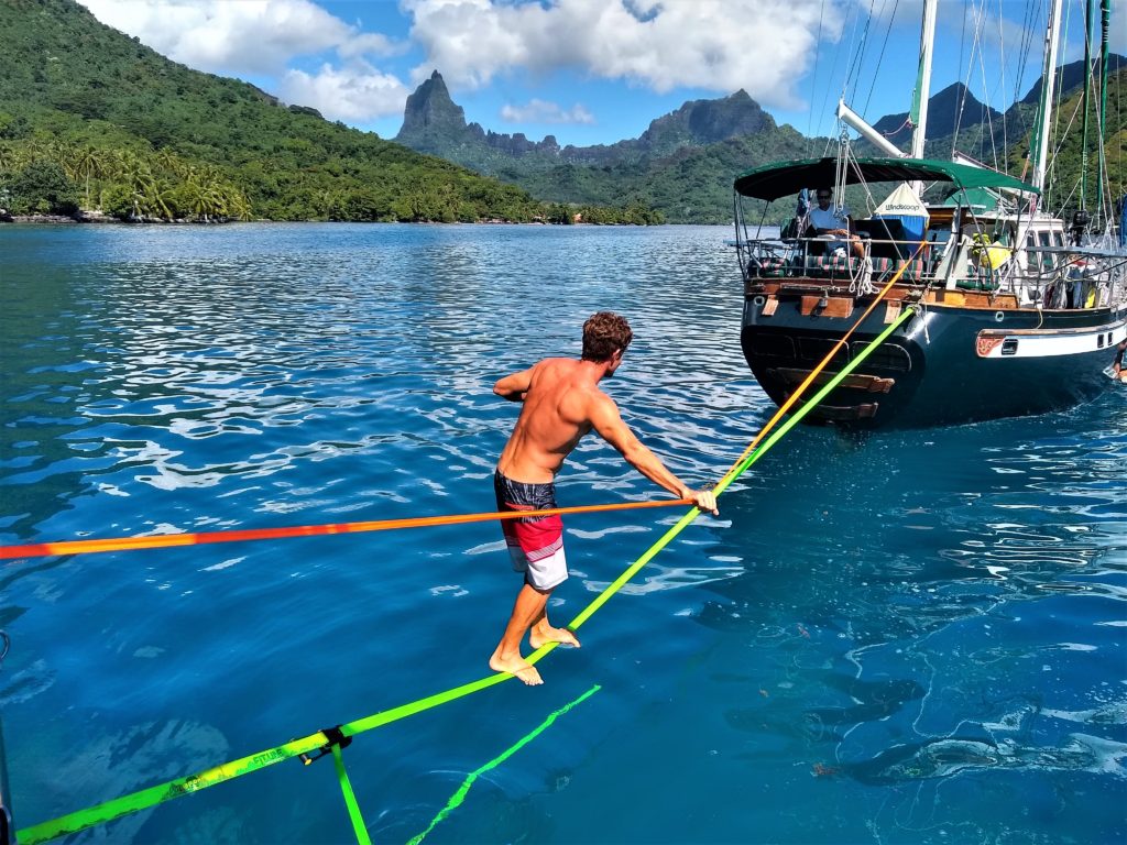 Gavin on the slackline. Even the parents had a turn!