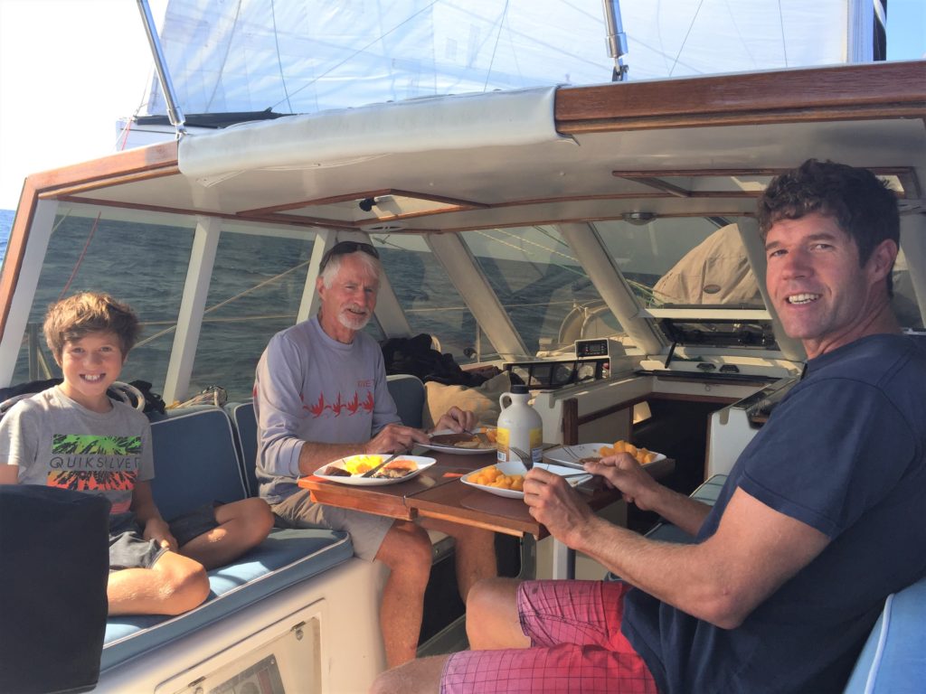 Delicious breakfast underway - Pancakes and Papaya.  We enjoyed almost daily helpings of fresh papaya on this passage.  Papaya's were in season prior to our departure and we picked up a bag of several large Papayas. Papa and Nathan's favourite!